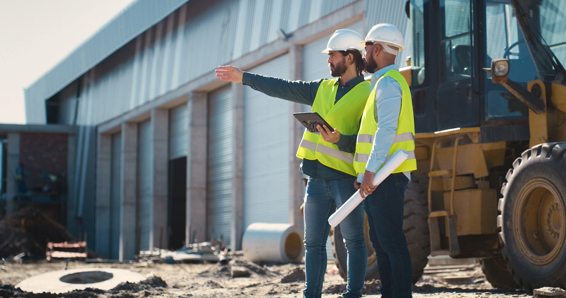 Two construction workers analyzing the worksite next to an excavator